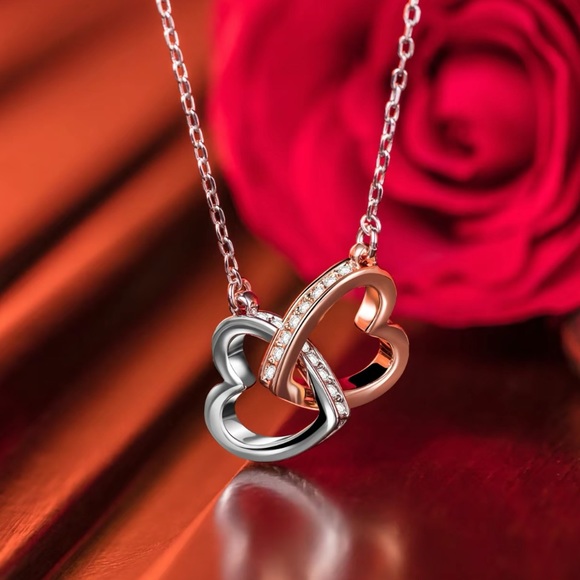 BRAND NEW GONA PARIS INTERLOCKING HEARTS NECKLACE STERLING SILVER AND ROSE - Picture 7 of 7